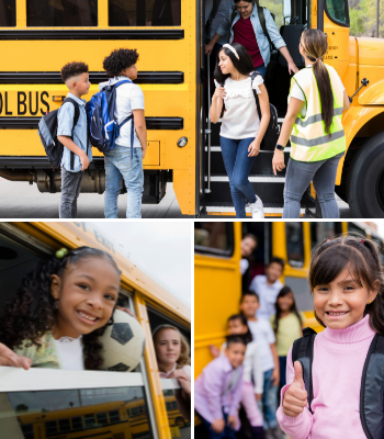 School buses and students